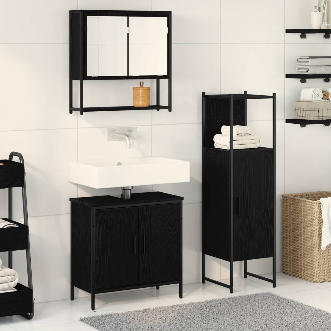 vidaXL Juego de muebles de baño 3 uds. Negro 33 x 33 x 113,5 cm