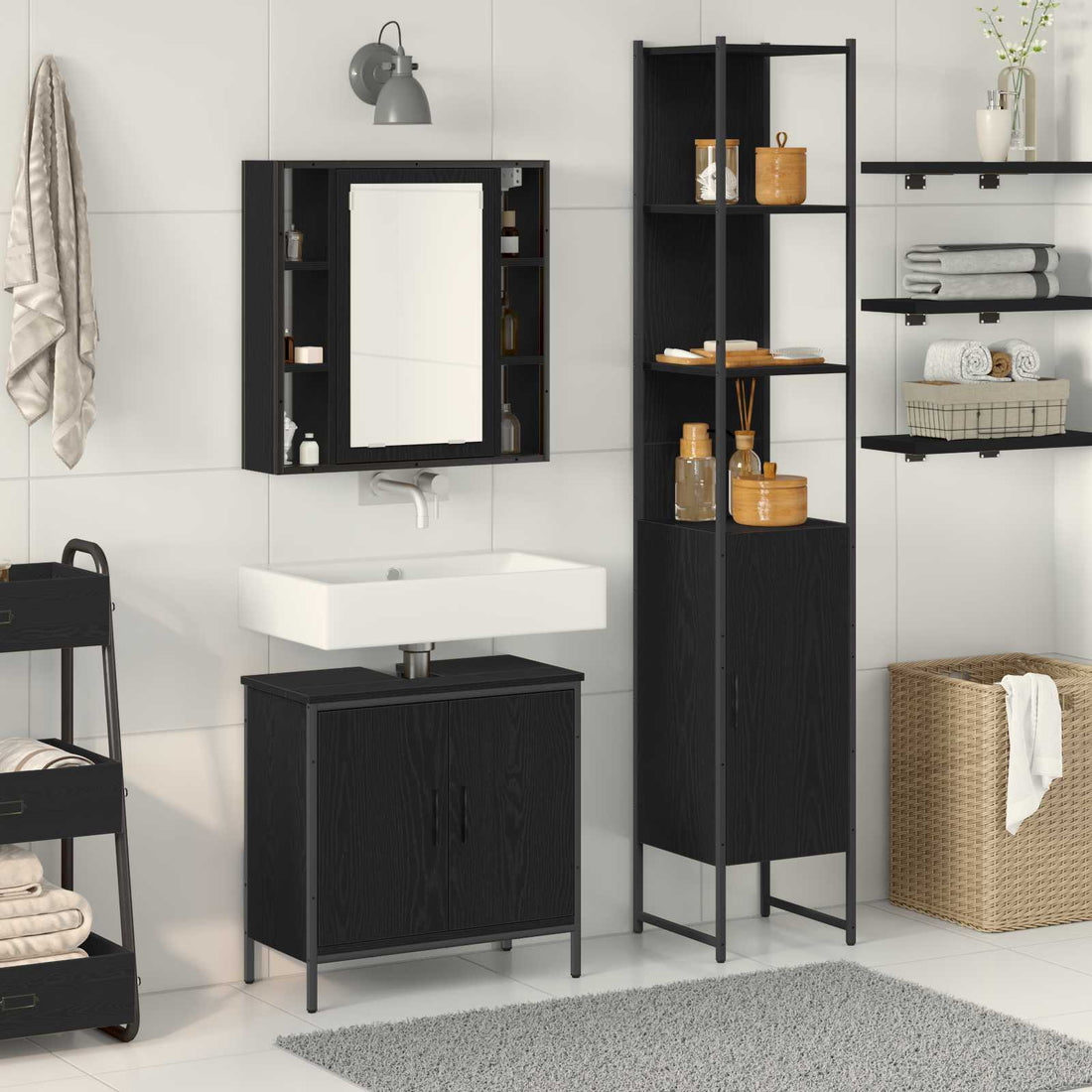 vidaXL Unidades de Tocador de Baño 3 uds. Negro 33 x 33 x 185,5 cm