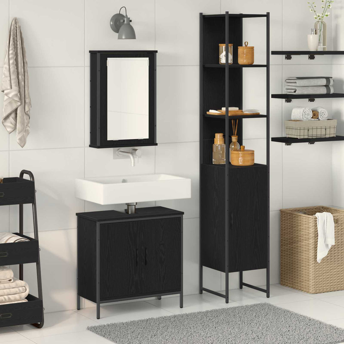 vidaXL Juego de muebles de baño 3 uds. Negro 33 x 33 x 185,5 cm