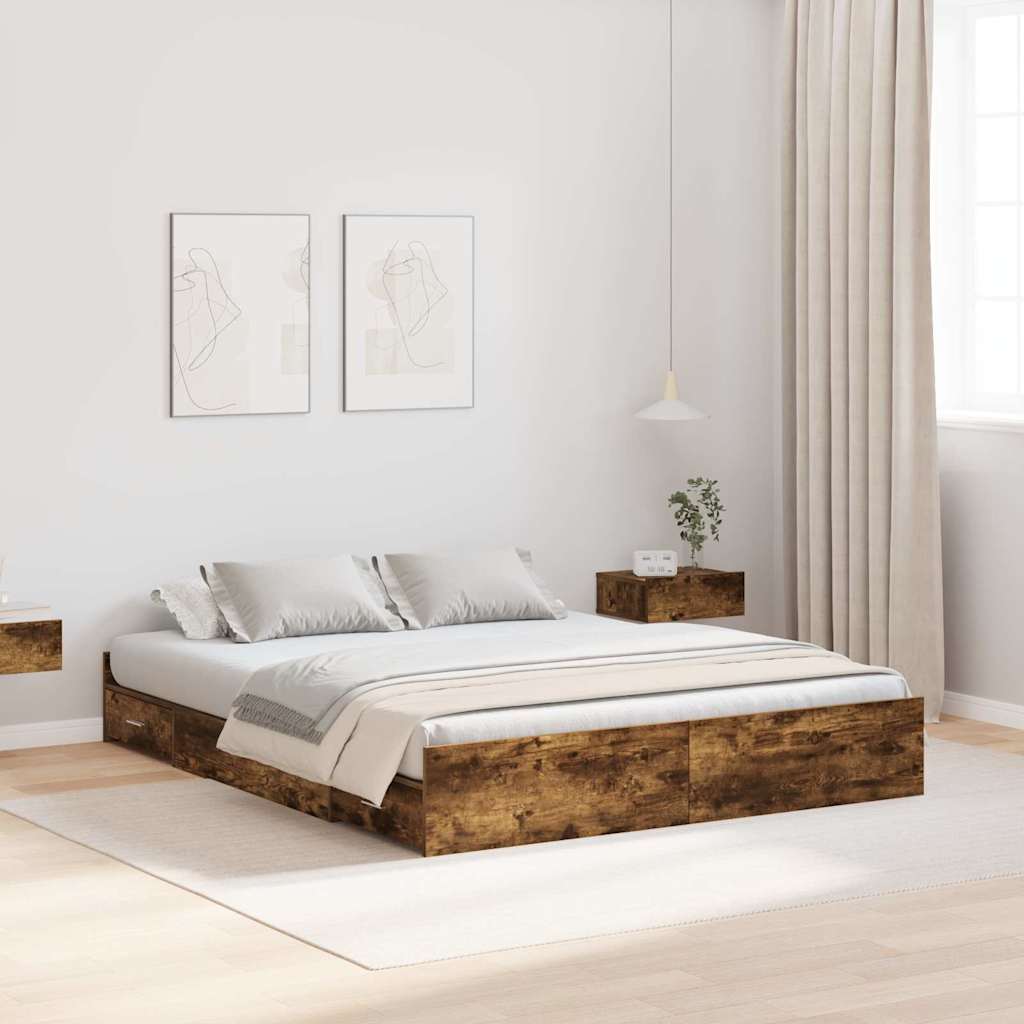 vidaXL Cama con almacenamiento con cajón Roble ahumado 135 x 190 cm