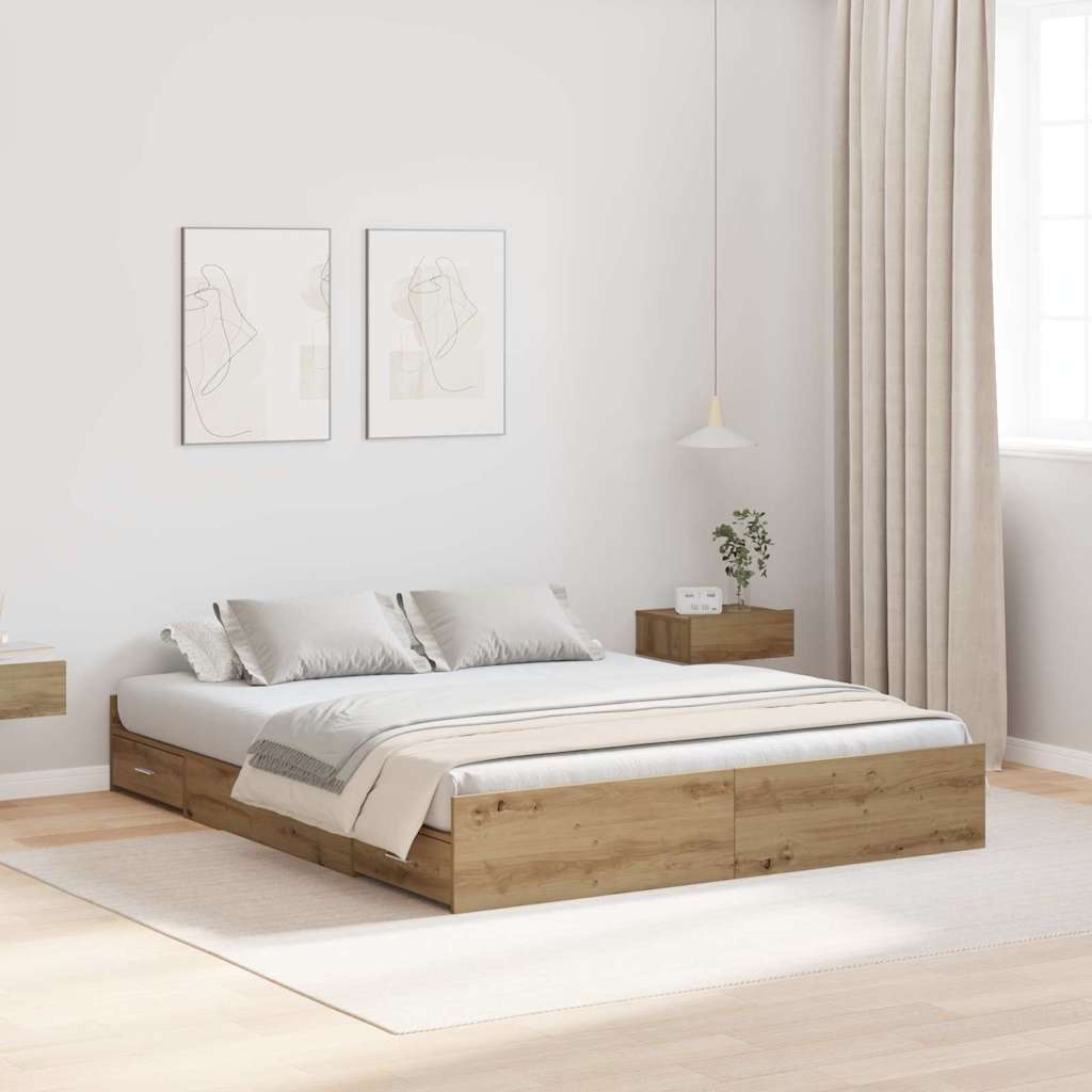 vidaXL Cama con almacenamiento con cajón Roble artisan 135 x 190 cm