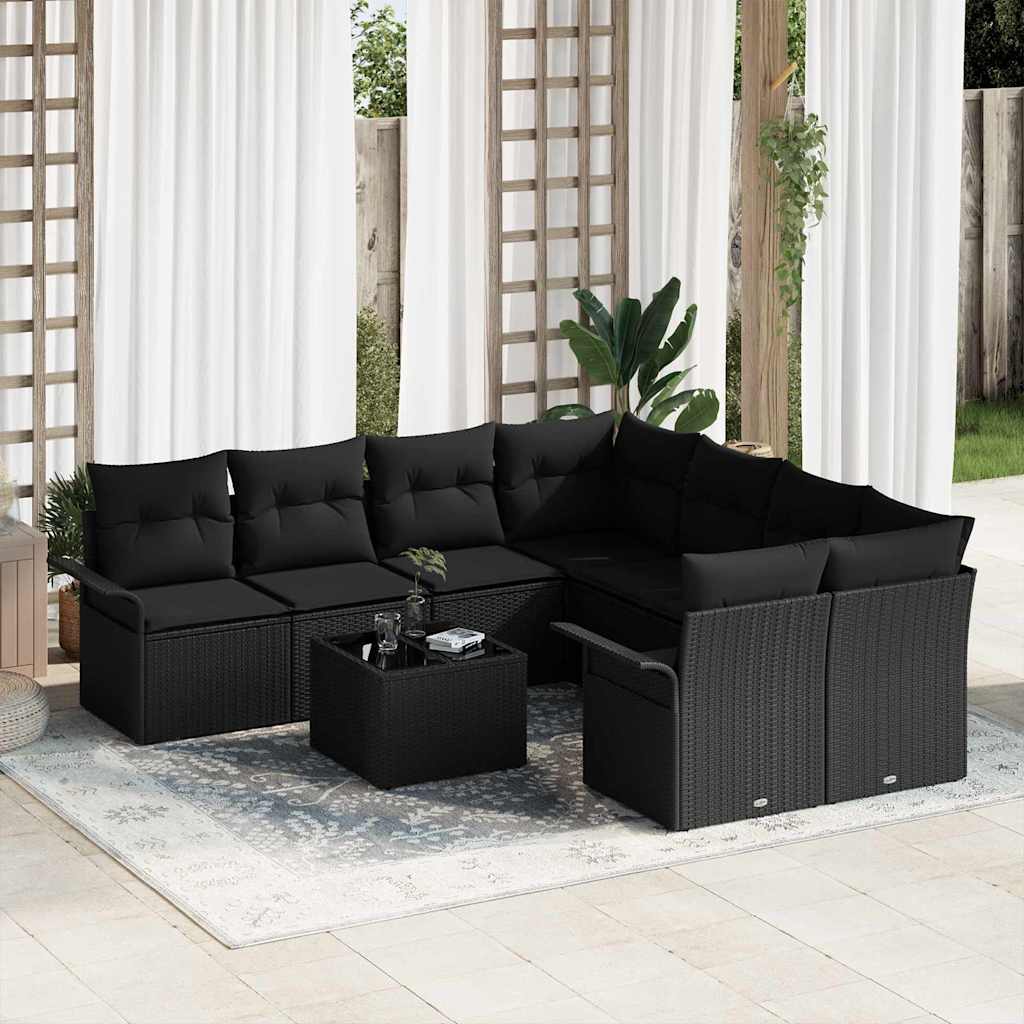 vidaXL Conjunto de sofá de jardín 9 uds. Negro ratán sintético