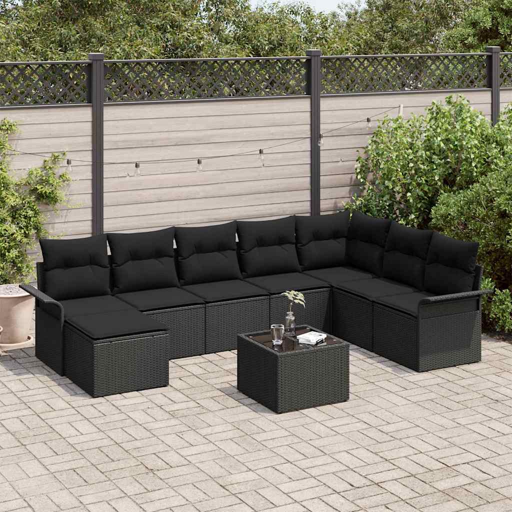 vidaXL Conjunto de sofá de jardín 9 uds. Negro ratán sintético