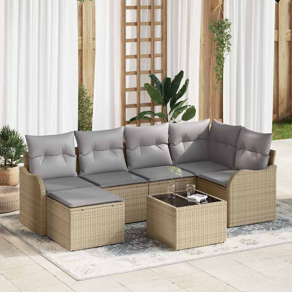 vidaXL Conjunto de sofá de jardín con cojín 7 pcs Beige Poliratán