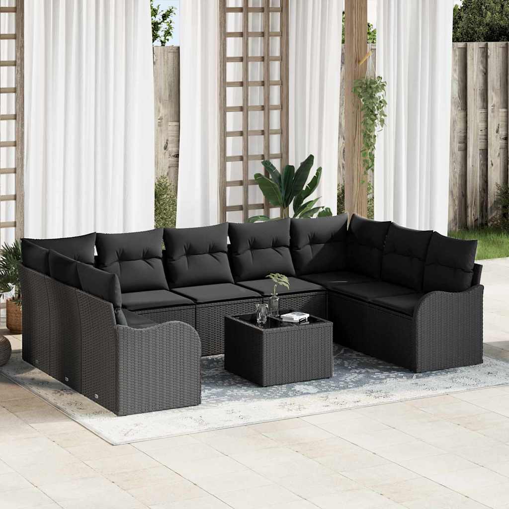 vidaXL Conjunto de sofá de jardín 10 uds. Negro ratán sintético