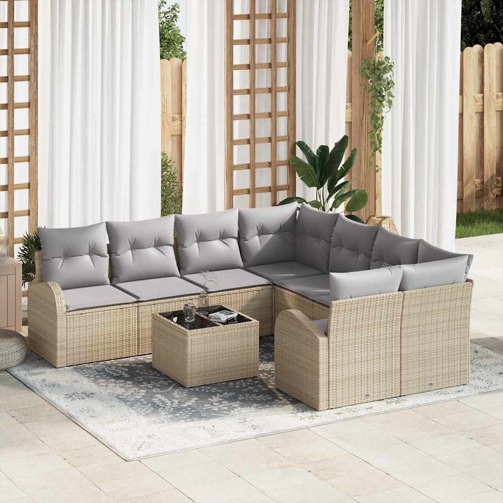 vidaXL Conjunto de sofá de jardín 9 uds. Beige ratán sintético