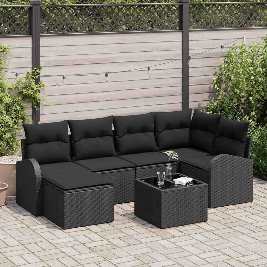 vidaXL Conjunto de sofás de jardín 7 uds. Negro ratán sintético
