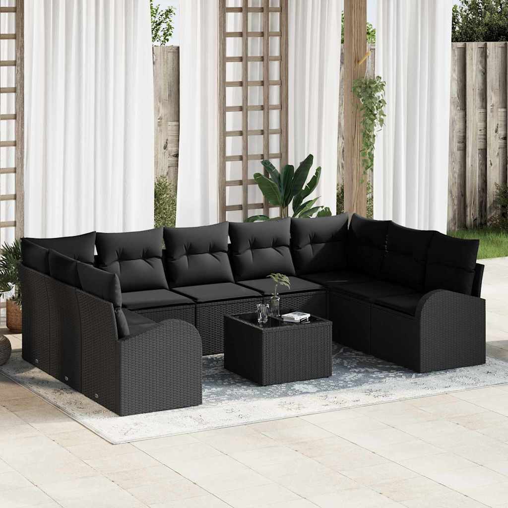 vidaXL Juego de Sofá 10 uds. Negro [Sintético]: Rattan de Poliéster