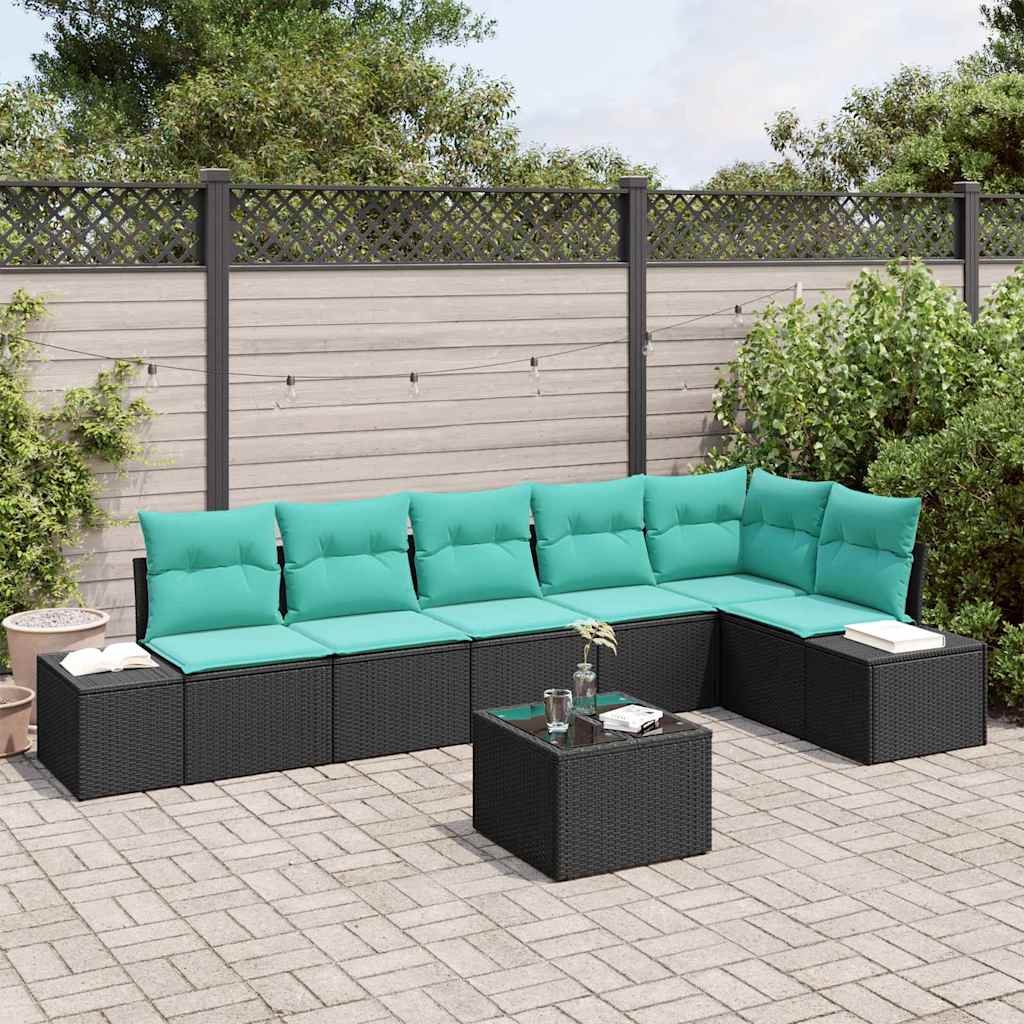 vidaXL Conjunto de sofá de jardín 7 uds. Negro ratán sintético