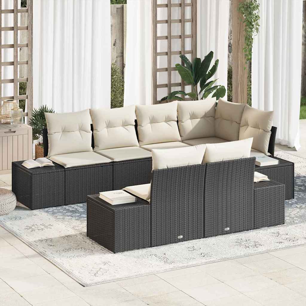vidaXL Conjunto de sofá de jardín 7 uds. Negro y crema ratán sintético