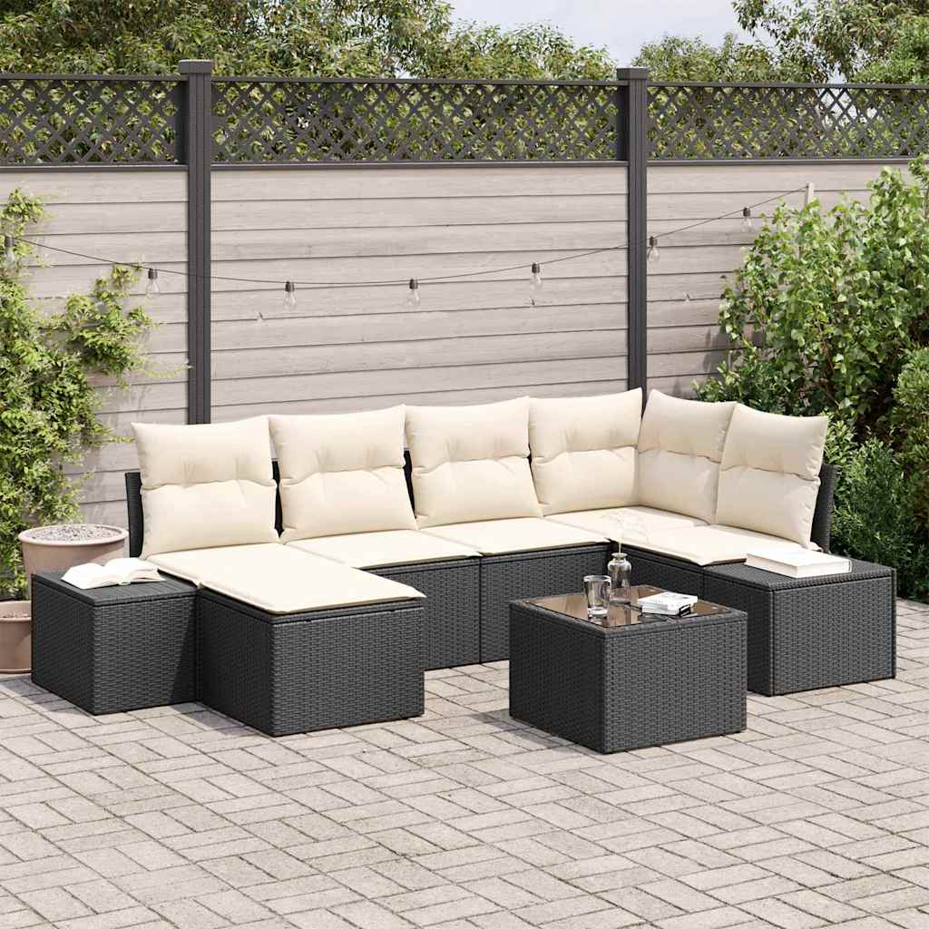 vidaXL Conjunto de sofá de jardín 7 uds. Negro y crema ratán sintético