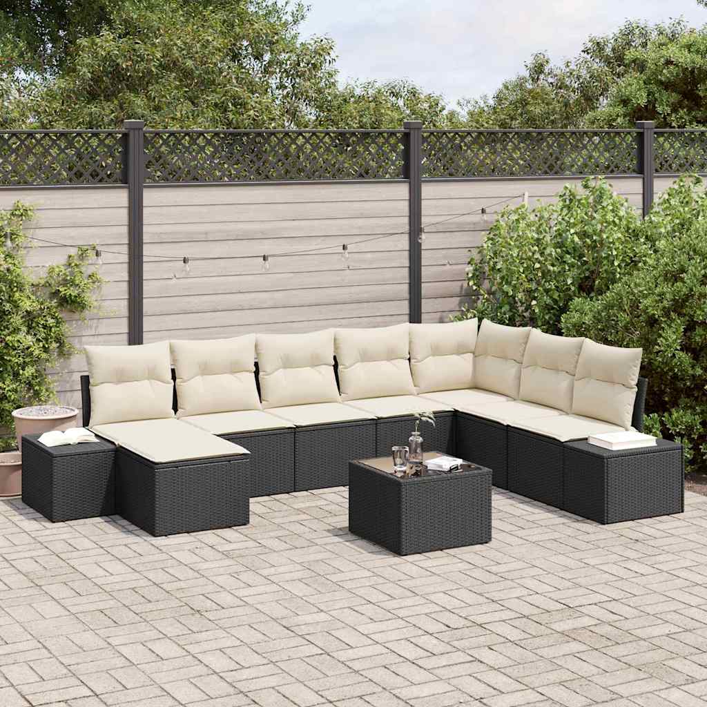vidaXL Conjunto de sofá de jardín 9 uds. Negro ratán sintético