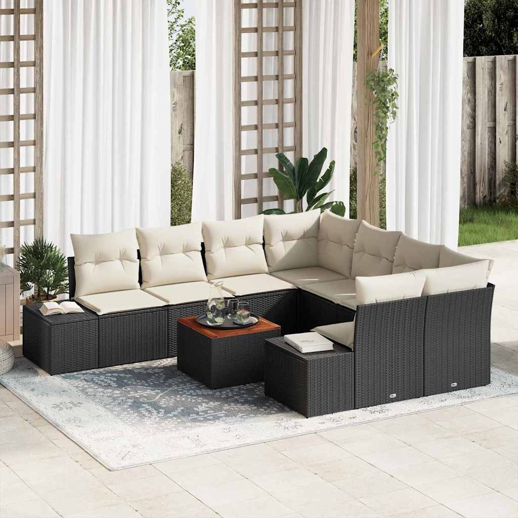 vidaXL Conjunto de sofás de jardín 9 uds. Negro ratán sintético
