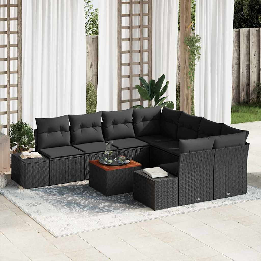vidaXL Conjunto de sofás de jardín 9 uds. Negro ratán sintético