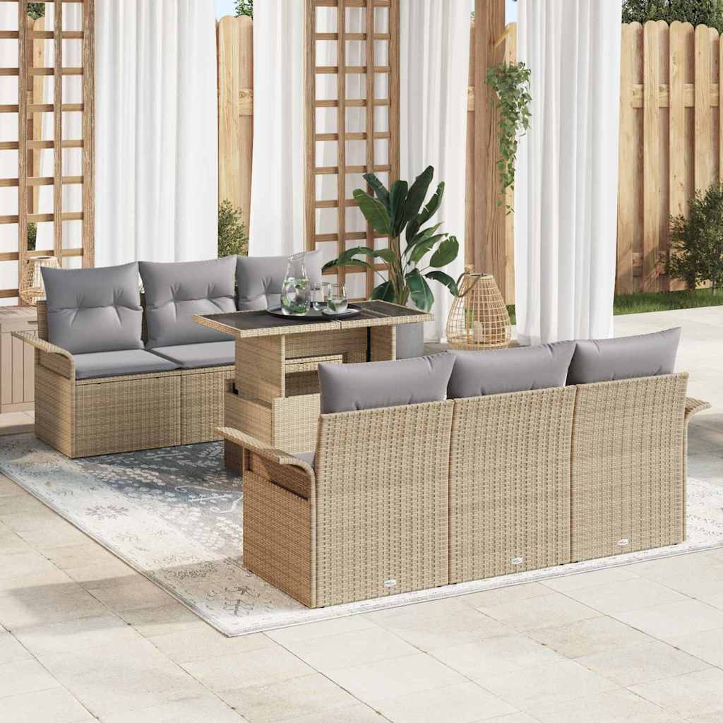 vidaXL Conjunto de sofá de jardín 7 uds. Beige ratán sintético