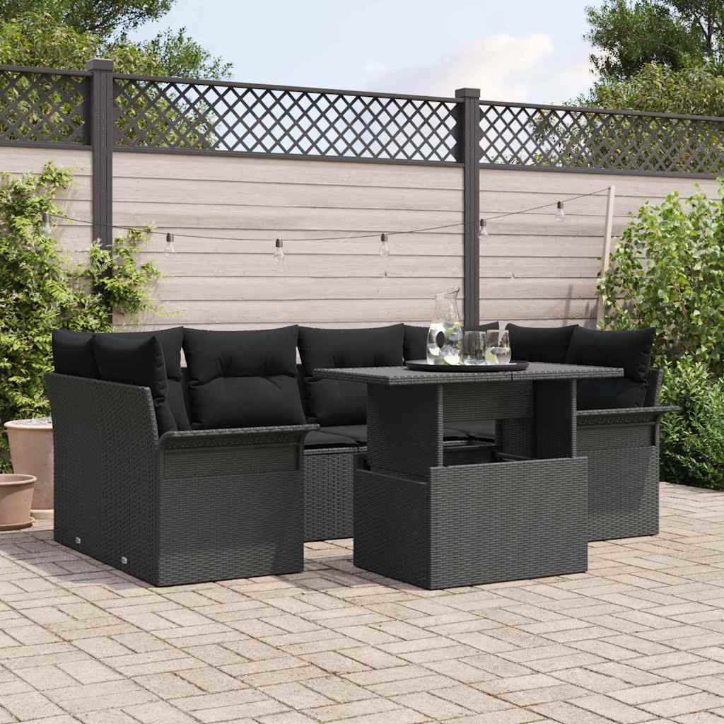 vidaXL Conjunto de sofá de jardín 7 uds. Negro ratán sintético