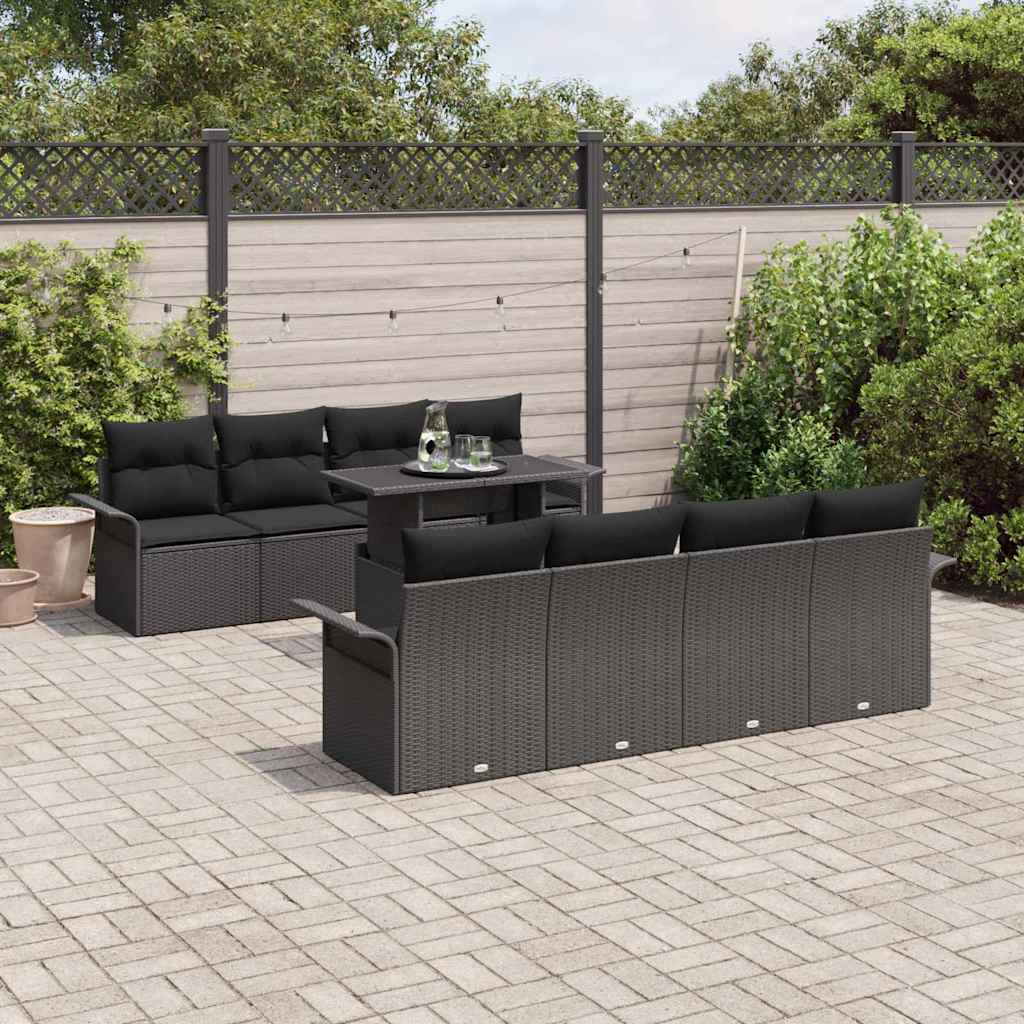 vidaXL Conjunto de sofá de jardín 9 uds. Negro ratán sintético