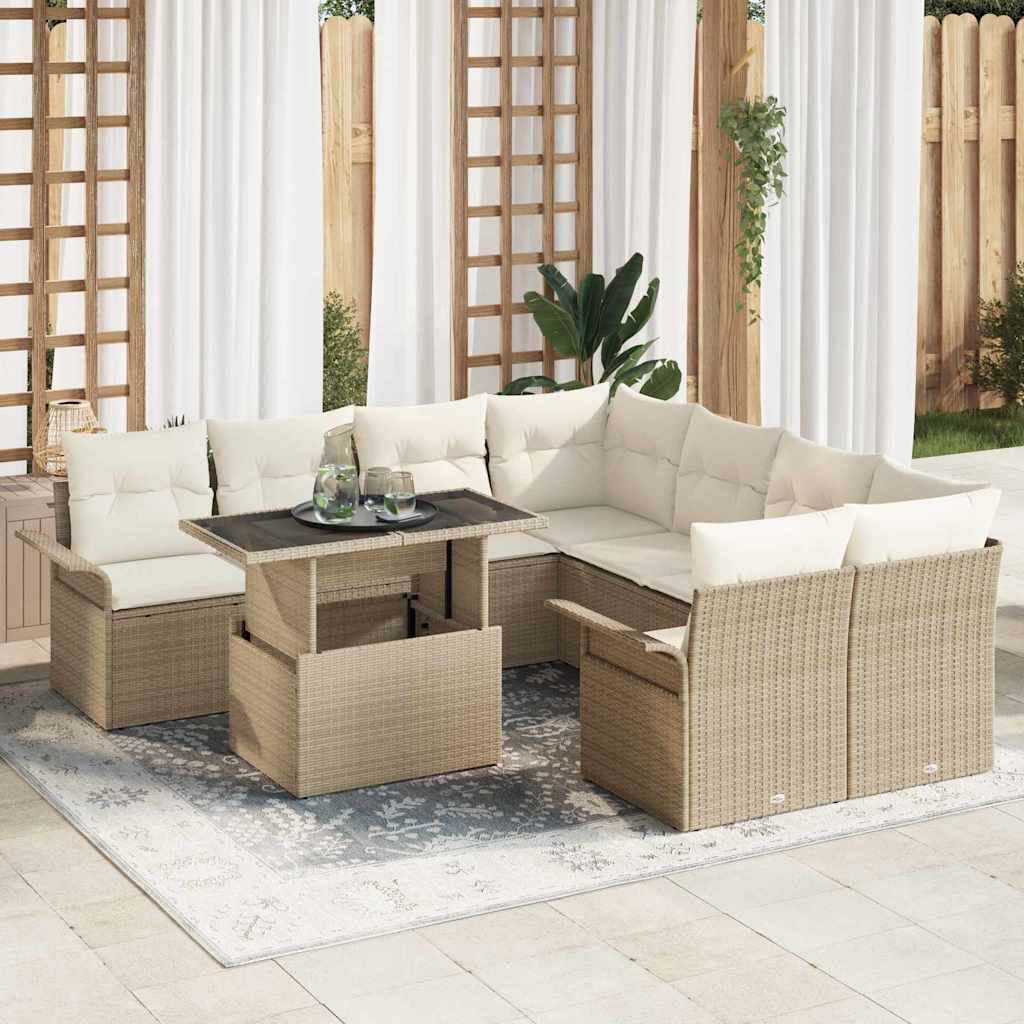 vidaXL Conjunto de sofá de jardín 9 uds. Beige ratán sintético