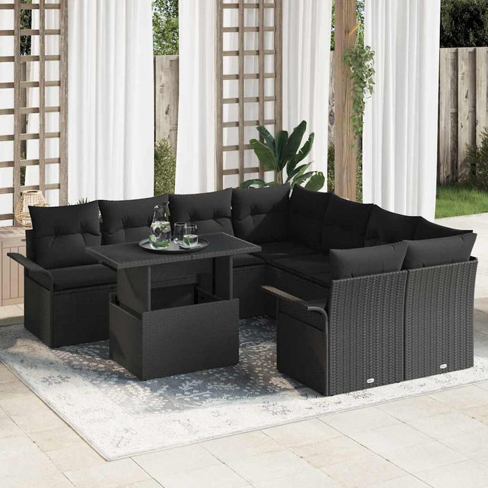 vidaXL Conjunto de sofá de jardín 9 uds. Negro ratán sintético