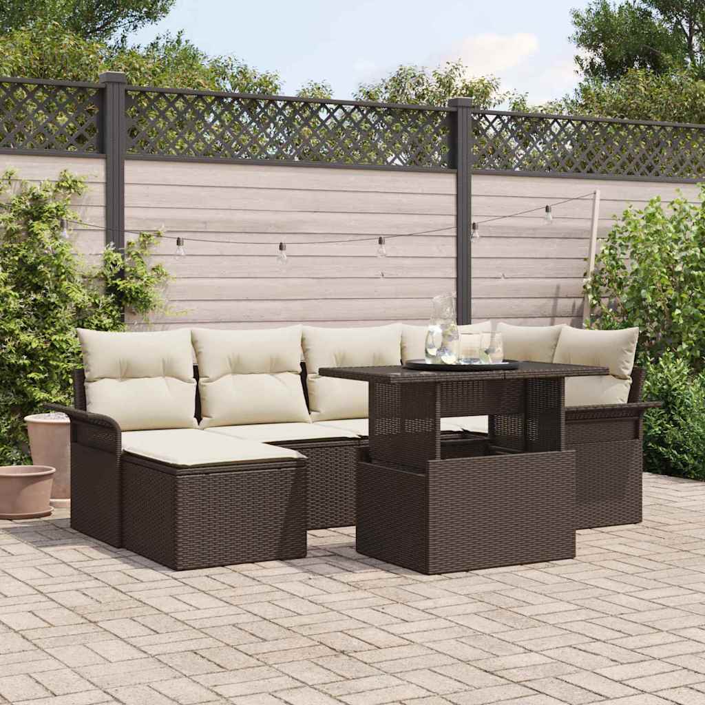 vidaXL Conjunto de sofá de jardín 7 uds. Marrón Poliratán