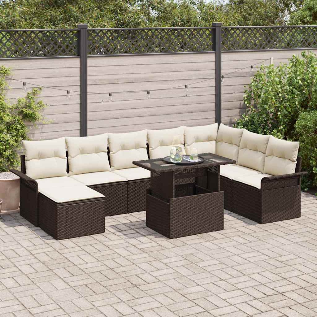 vidaXL Conjunto de sofá de jardín 9 uds. Marrón ratán sintético