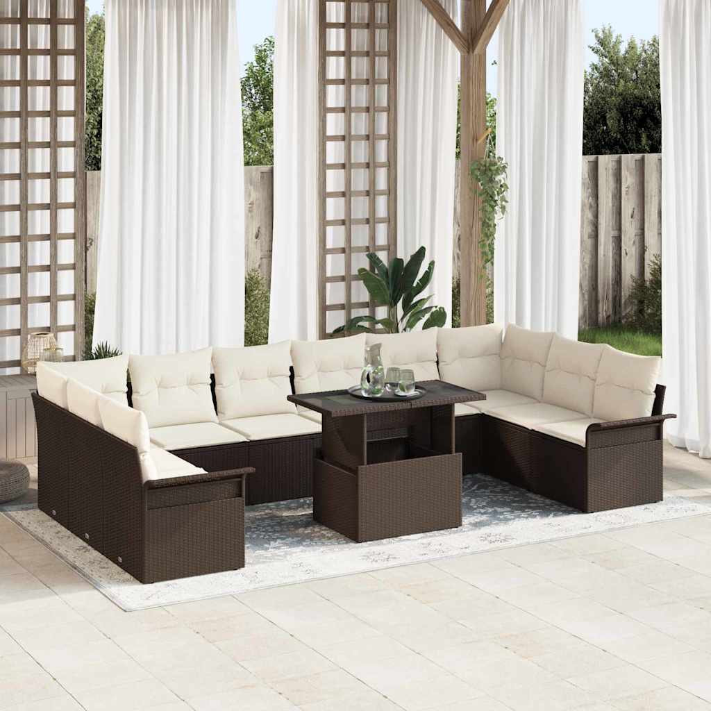 vidaXL Conjunto de sofá de jardín 11 uds. Marrón Poliratán