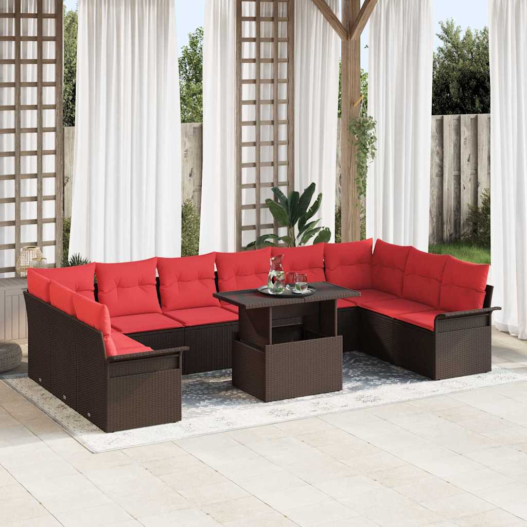 vidaXL Conjunto de sofá de jardín 11 uds. Marrón Poliratán
