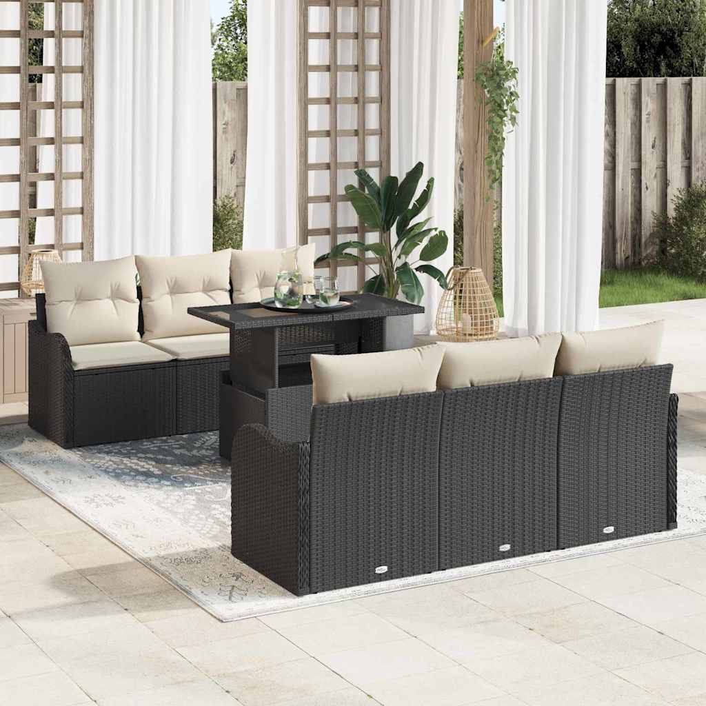 vidaXL Conjunto de sofá de jardín 7 uds. Negro y crema ratán sintético