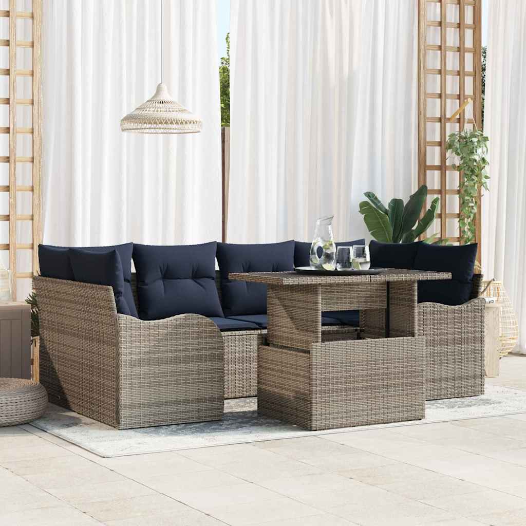 vidaXL Conjunto de sofá de jardín 7 uds. Gris y marino ratán sintético