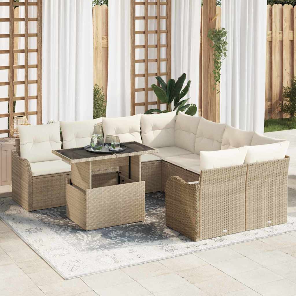 vidaXL Conjunto de sofá de jardín 9 uds. Beige ratán sintético