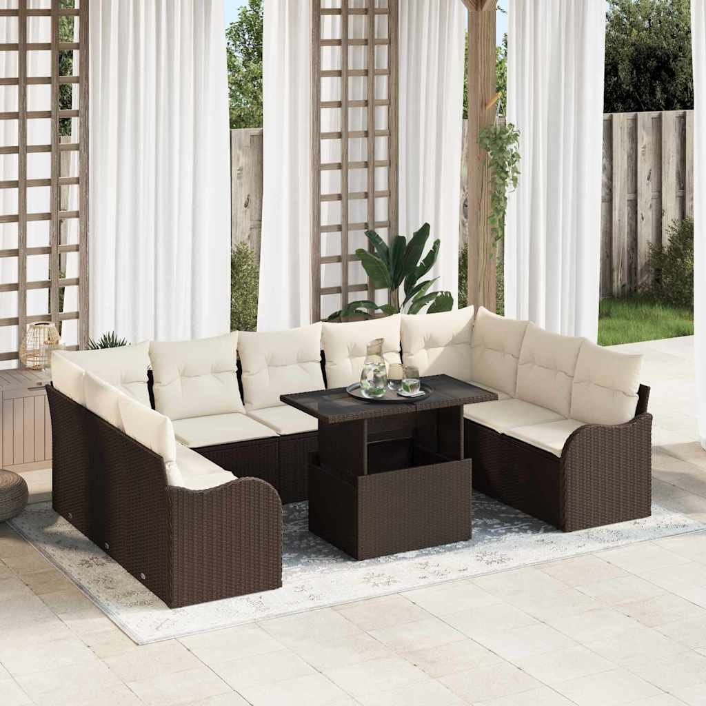 vidaXL Conjunto de sofá de jardín 10 uds. Marrón Poliratán