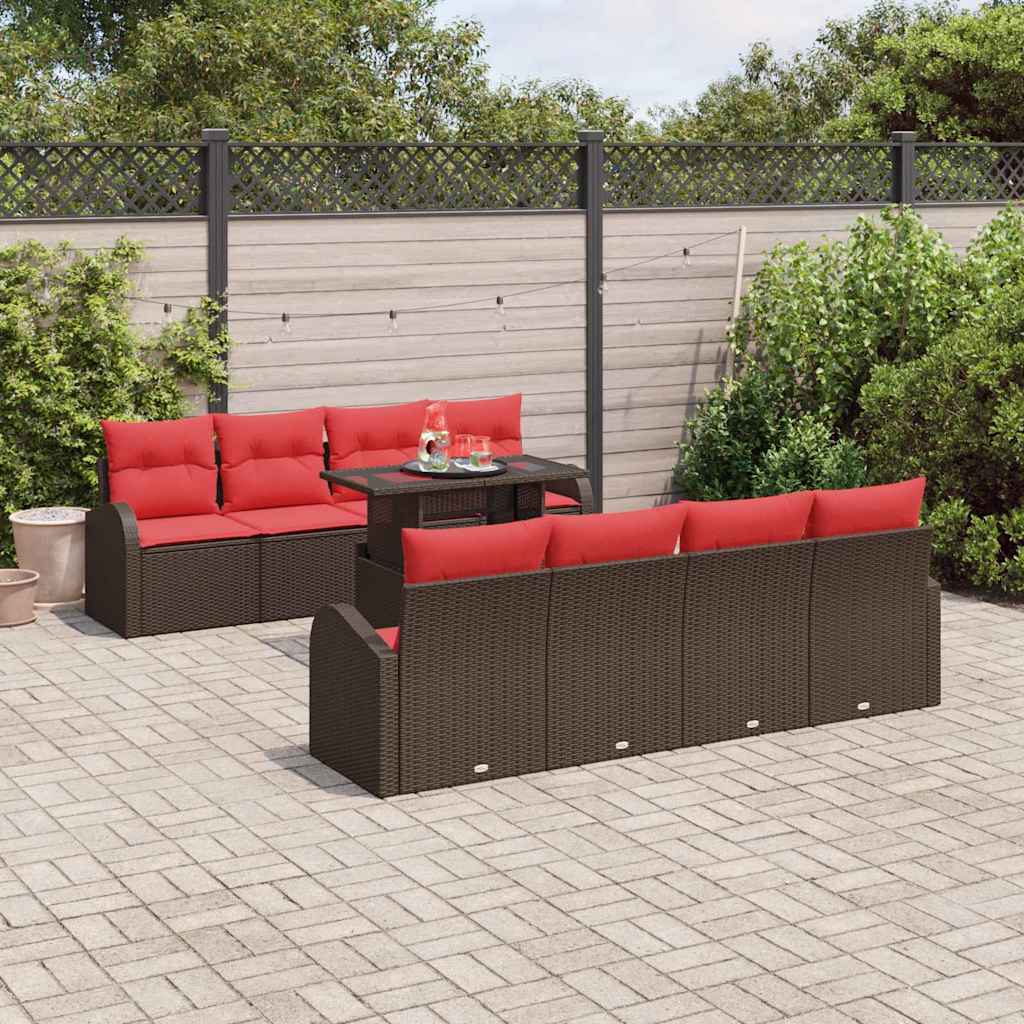 vidaXL Conjunto de sofá de jardín 9 uds. Marrón ratán sintético