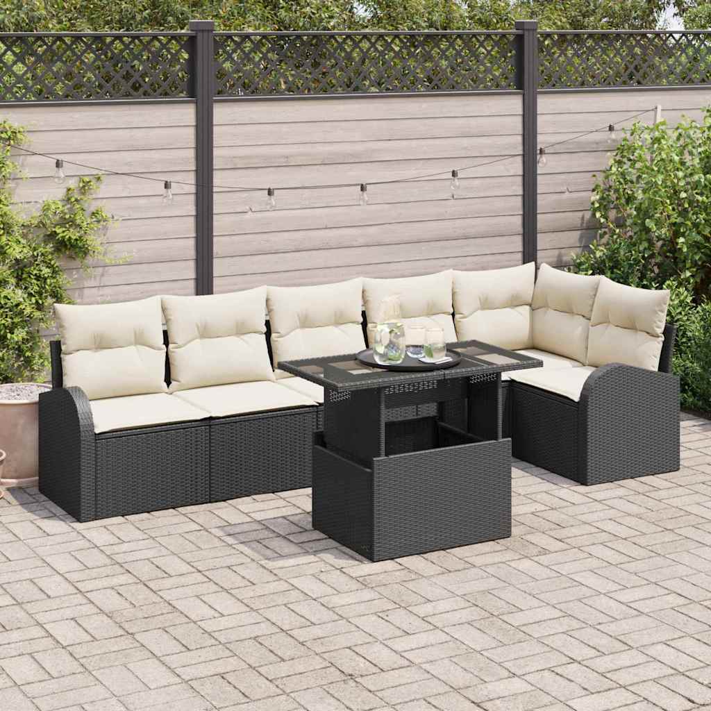 vidaXL Conjunto de sofá de jardín 7 uds. Negro y crema ratán sintético