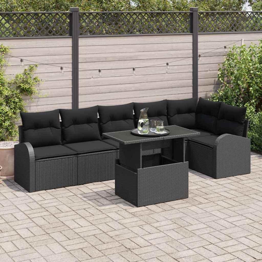 vidaXL Conjunto de sofá de jardín 7 uds. Negro ratán sintético