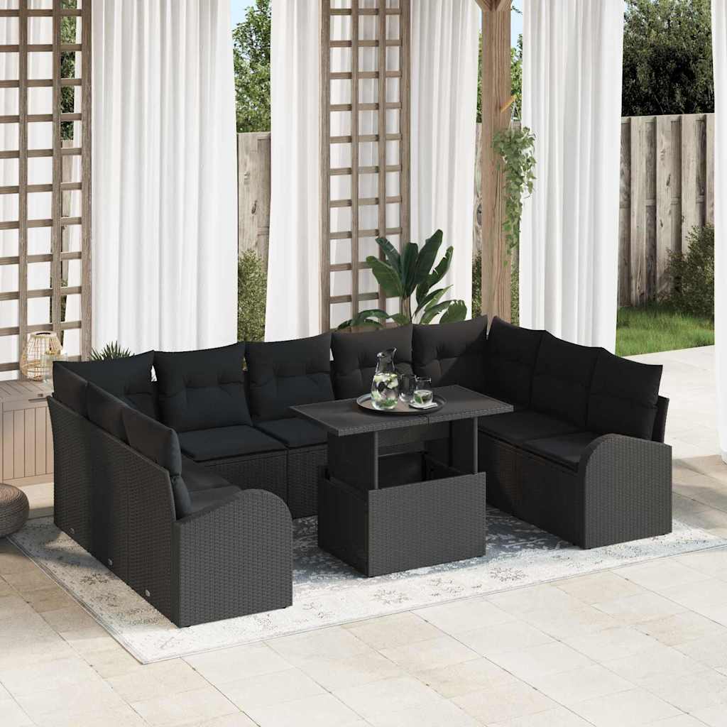 vidaXL Conjunto de sofá de jardín 10 uds. Negro ratán sintético