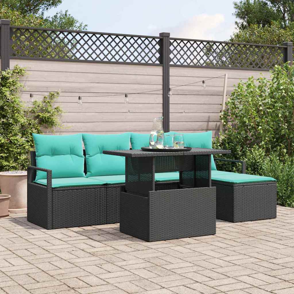 vidaXL Conjunto de sofá de jardín 6 uds. Negro y azul ratán sintético