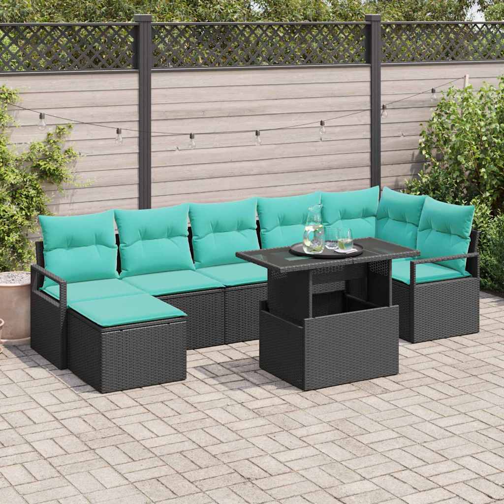 vidaXL Conjunto de sofá de jardín 8 uds. Negro y azul ratán sintético