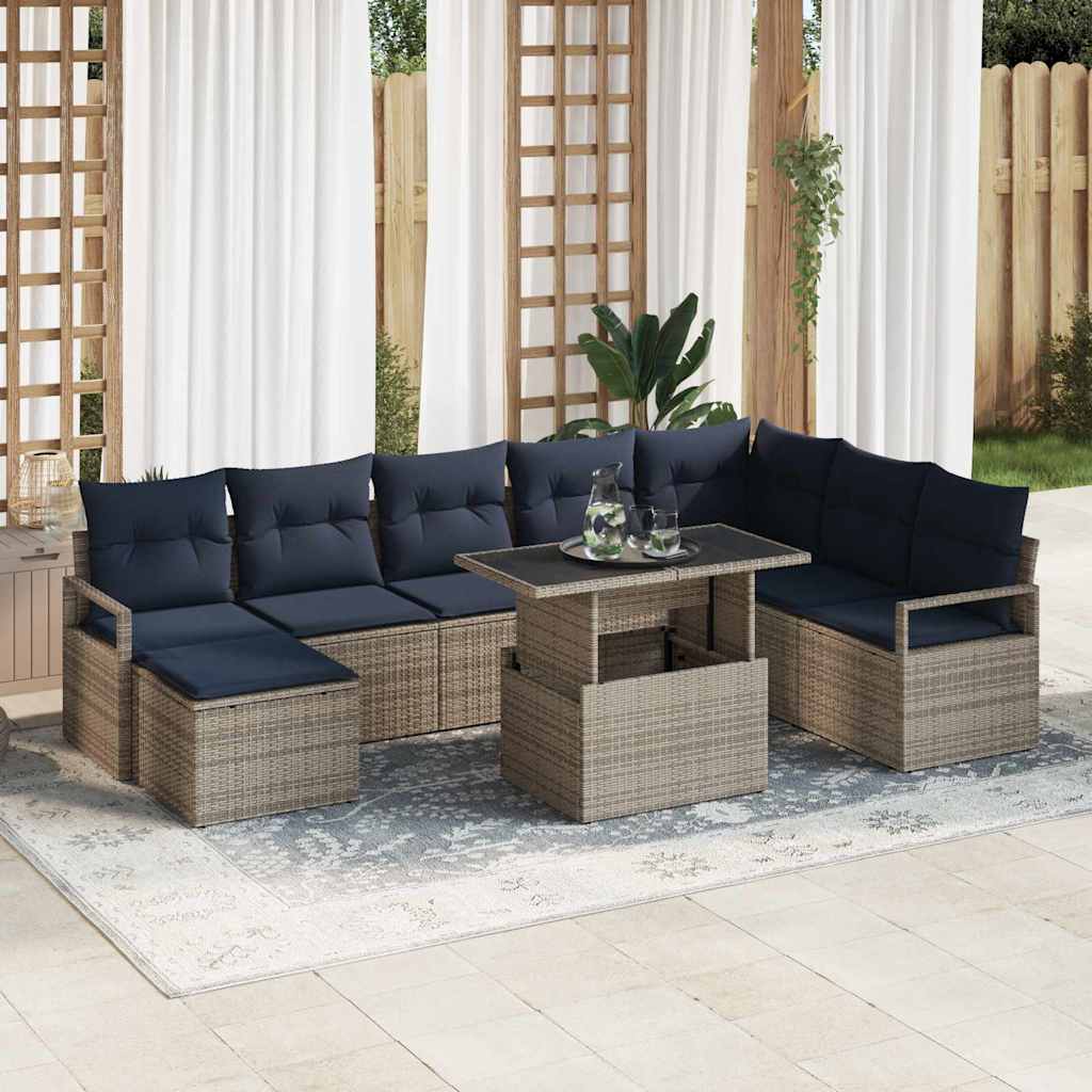 vidaXL Conjunto de sofá de jardín 9 uds. Gris y azul marino