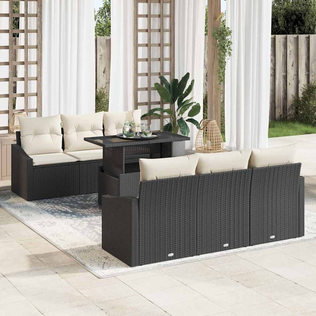 vidaXL Conjunto de sofá de jardín 7 uds. Negro y crema ratán sintético