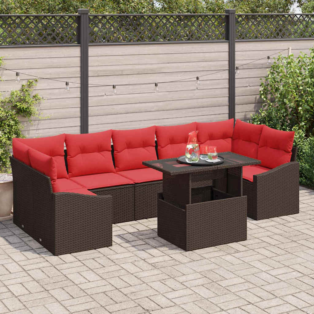 vidaXL Conjunto de sofá de jardín 8 uds. Marrón y Rojo ratán sintético