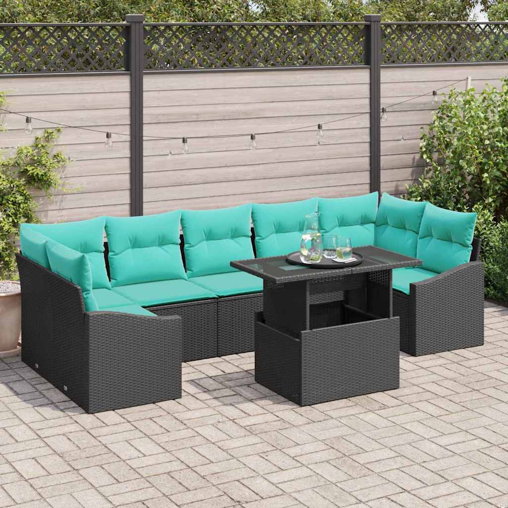 vidaXL Conjunto de sofá de jardín 8 uds. Negro y azul ratán sintético