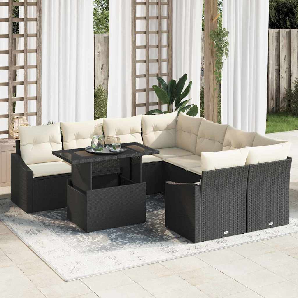 vidaXL Conjunto de sofá de jardín 9 uds. Negro y crema ratán sintético