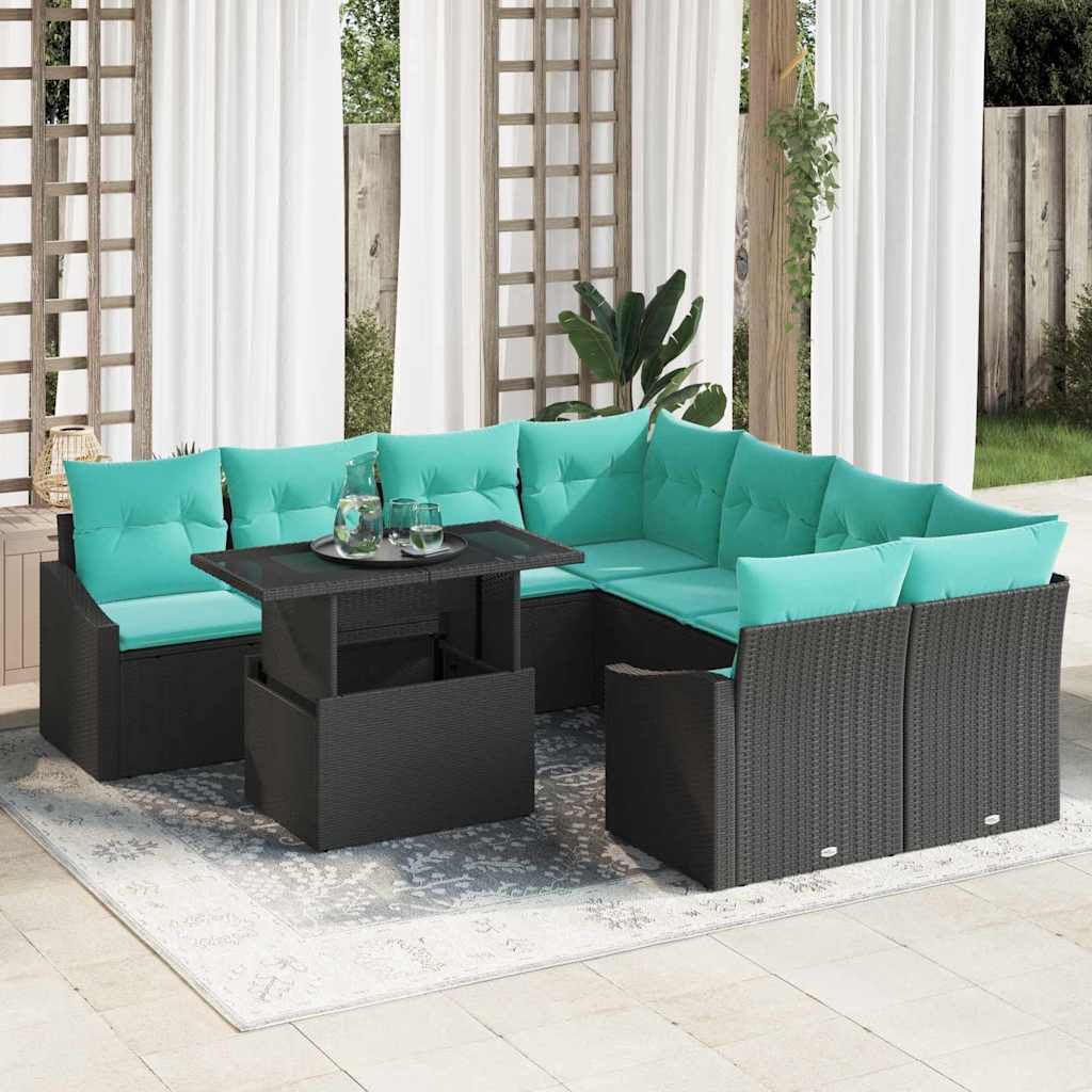 vidaXL Conjunto de sofá de jardín 9 uds. Negro y azul ratán sintético