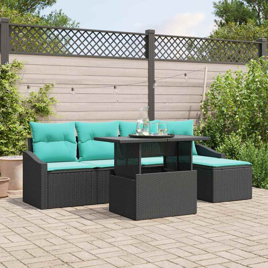 vidaXL Conjunto de sofá de jardín 6 uds. Negro y azul ratán sintético