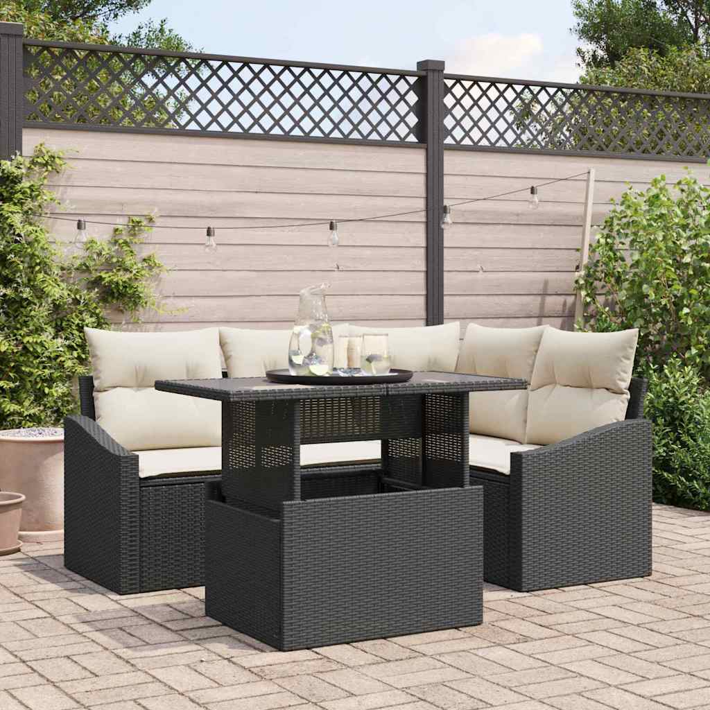 vidaXL Conjunto de sofá de jardín 5 uds. Negro y crema ratán sintético