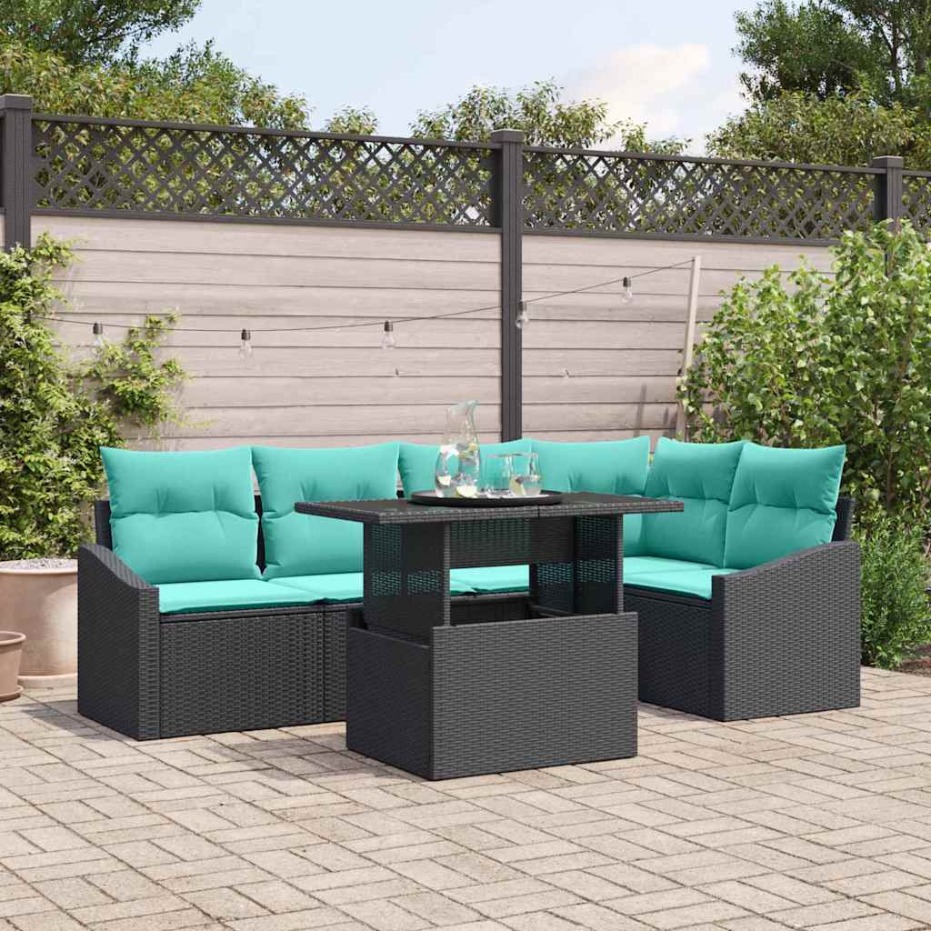 vidaXL Conjunto de sofá de jardín 6 uds. Negro y azul ratán sintético