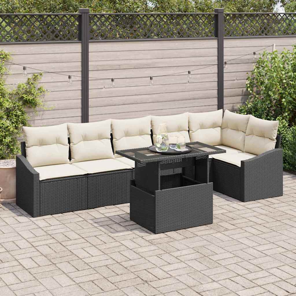 vidaXL Conjunto de sofá de jardín 7 uds. Negro y crema ratán sintético