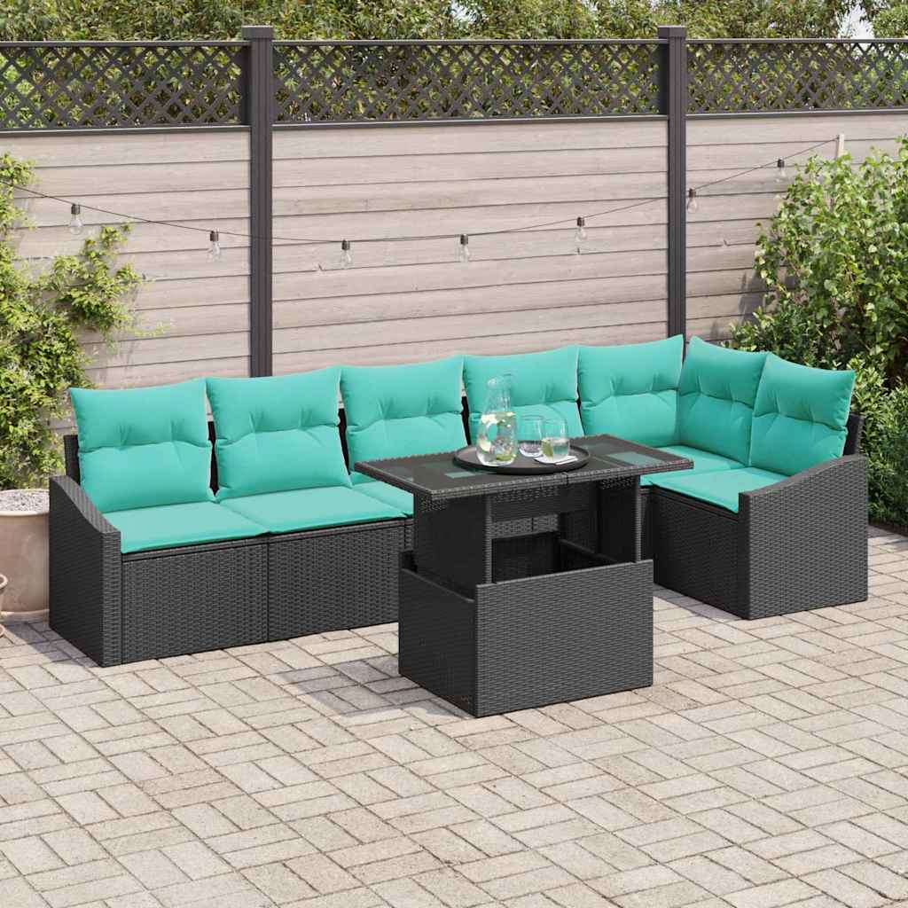 vidaXL Conjunto de sofá de jardín 7 uds. Negro y azul ratán sintético