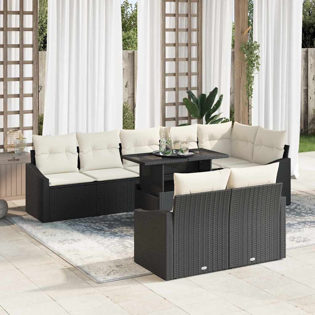 vidaXL Conjunto de sofá de jardín 9 uds. Negro y crema ratán sintético