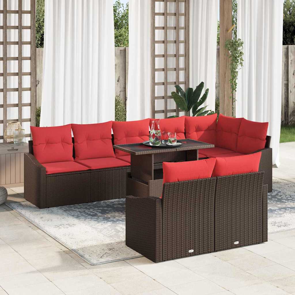 vidaXL Conjunto de sofá de jardín 9 uds. Marrón y Rojo ratán sintético